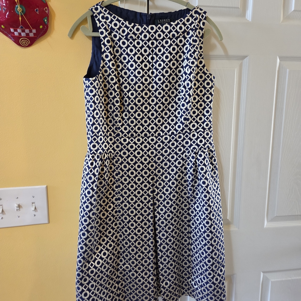 Lauren By Ralph Lauren Elegant Blue and Gold Patterned Dress